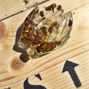 Resin Tigers Eye Crystal Filled Hands Catchall Card Holder Jewelry Ring Holder Tealight Holder 