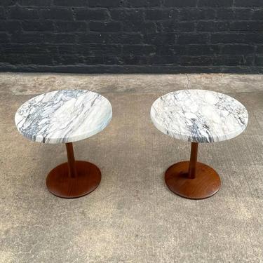 Pair of Mid-Century Modern Walnut Tulip Style Side Tables with Carrera Marble Tops, c.1960’s 