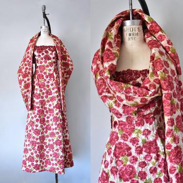 Malmaison 1960s silk faille evening dress and shawl, 1960s dress, floral evening gown, silk maxi dress, 1950s dress, fantasy dress 