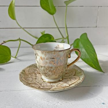 Vintage Bone China Gold And Ivory Floral Tea Cup And Saucer With Sugar Lace Doily // Tea Lover, Tea Cup Collector // Perfect Gift 