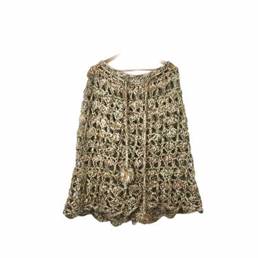 Vintage Handmade Brown Open Knit Crochet Knit Chunky Poncho Cape with Pom Poms 