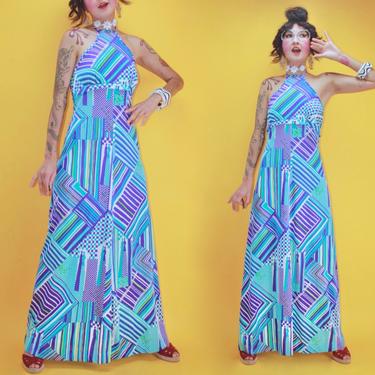 Vintage 1970s 70s DeadStock OP Art Silk Screen Printed Halter Neck Flowy Maxi Skirt Bathing Suits/SZ M/1960s 60s MOD Abstract Lounge Pool 