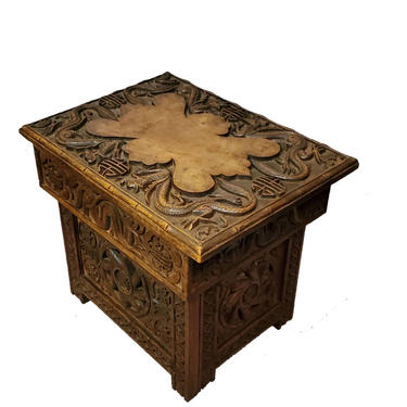 19th/20th C. Chinese Traveling Scribe Folding Stool / End Table - Relief Carved Wood, Dragons, Collapsible, Meteamorphic, Campaign, Antique 