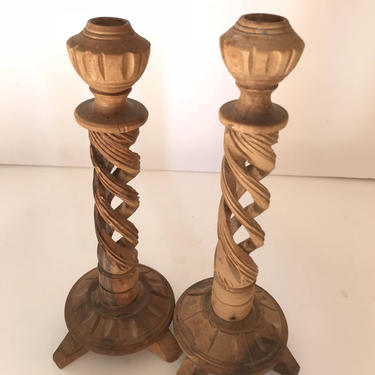 Vintage Wood hand carved Spiral Pair candle holders- 9&amp;quot; tall- Rustic 