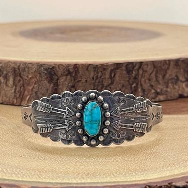 PROTECTIVE ARROWS Vintage 40s Cuff | 1940s Fred Harvey Railroad Era Coin Silver & Turquoise Bracelet | Native American Navajo Style Jewelry 