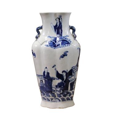 Chinese Blue White Porcelain Eight Immortal Graphic Flat Body Vase ws399E 