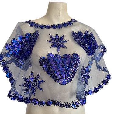 SEQUIN Cape vintage embellished sequin top, blue seashell sequin wrap, cobalt color and sequin beaded seashell top one size 