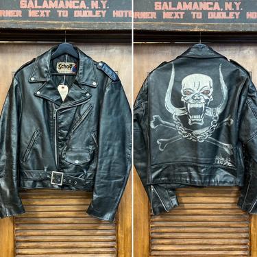 Vintage 1980’s “Schott” Label 1992 Skull and Crossbones Artwork Motorcycle Leather Jacket, 80’s Biker Jacket, Vintage Clothing 