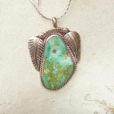Vintage Signed RVT Native American  Turquoise Pendant, Large Turquoise Stone With Silver Leaf Setting, Navajo Handmade Pendant, 925 