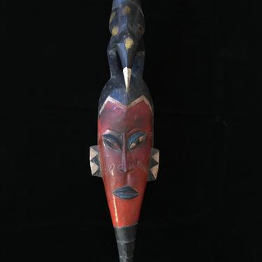 Vintage Red Painted Wood West African Ivory Coast Guro Mask Elongated Face with Large Bird and Tribal Markings 