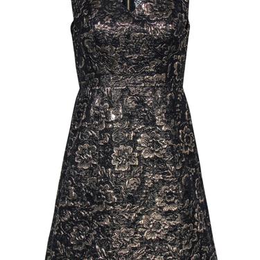 Nicole Miller - Gold & Black Floral Jacquard Fit & Flare Dress w/ Lace Paneling Sz 4