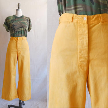 Vintage Marigold Sailor Pants/ High Waisted Button Fly Wide Leg Navy Trousers/ Yellow Pants / Size 29 