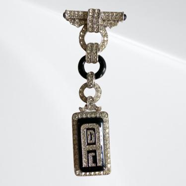 Large Vintage Art Deco Black Enamel Diamond Rhinestone Brooch