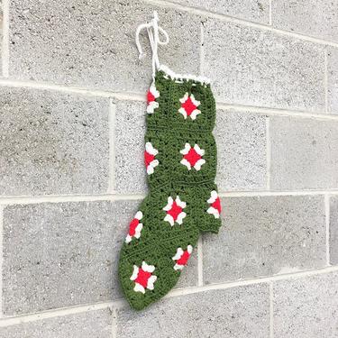Vintage Christmas Stocking Retro 1970s Hand Knit + Crochet + Granny Squares + Red and Green + Trim + Holiday Decor 