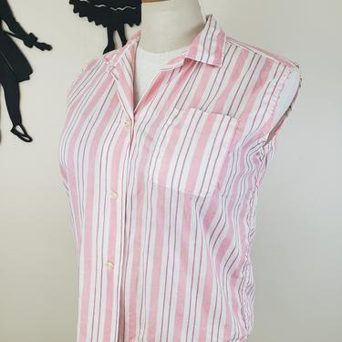 Vintage 1950's Button Up Top / 50s Pastel Pink Stripe Blouse M/L 