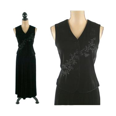 90s Black Velvet Vest and Skirt Set, 2 Piece Embroidered Waistcoat + Long Maxi, Petite Clothes Women Medium, Vintage Clothing Talbots Size 8 