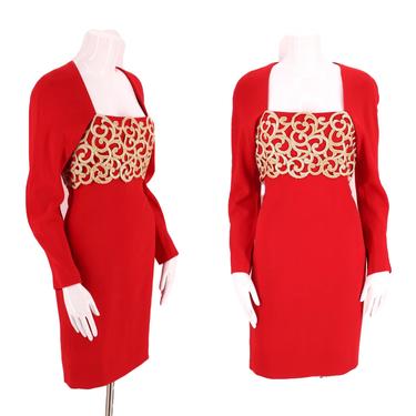 80s ADELE SIMPSON red cocktail dress 4-6 / 1980s vintage rayon crepe w/ gold cage appliqué S 