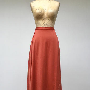 1970s Rust Bias-Cut Wrap Skirt, 70s A-Line Midi Disco Dancer, 26 to 28 Inch Waist 