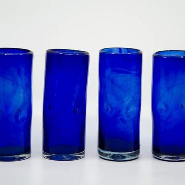 Set of 4 Mexican Wavy Texture Cobalt Blue Tall Cocktail Glasses 