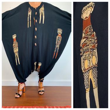 Vtg 80s Ramin rayon tribal figurative print free size harem jumpsuit 
