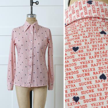 vintage 1970s women shirt • hearts &amp; sugar sweet novelty print button-up blouse 