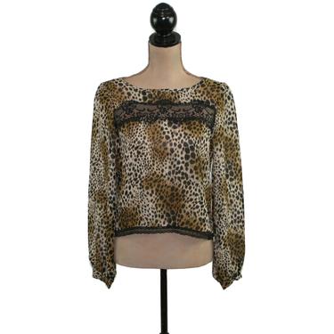 90s Long Sleeve Sheer Boxy Crop Top, See Through Open Back Blouse, Chiffon Animal Print Leopard Cheetah, Vintage Clothing Women Small Medium 