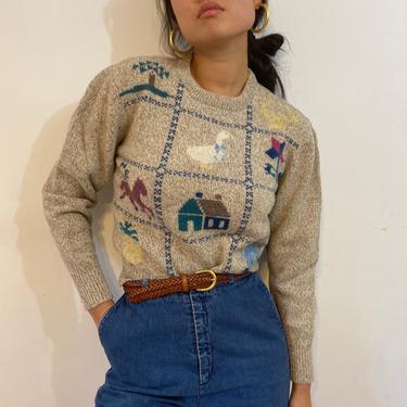 80s farm scenic wool sweater / vintage gray rag wool patchwork sampler folklore landscape fair isle sweater | S 