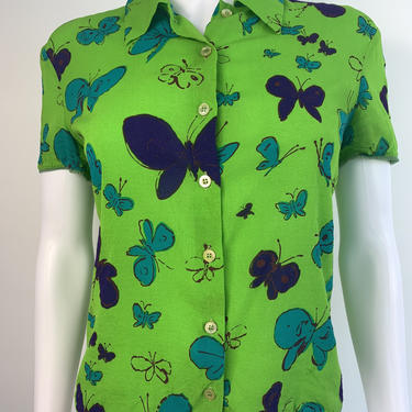Vintage 90s Versus Versace silk op art butterfly print crop top blouse shirt SM rave 