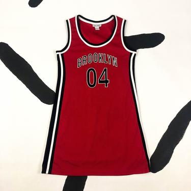 90s Brooklyn 04 Jersey Tank Dress / Racing Stripes / Athletic / Sporty / y2k / 1990s / Spice Girls / Medium / Red and Black / New York / 