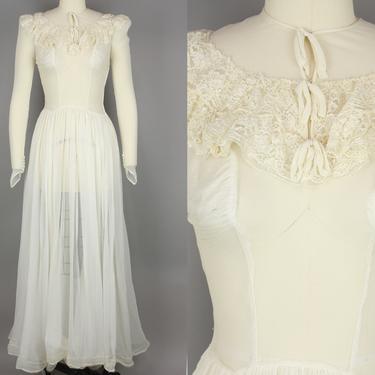 1930s Sheer Ivory Gown · Vintage 30s See Through Voile &amp; Lace Dress · Extra Small 