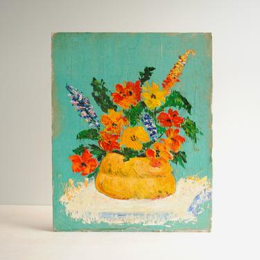Vintage Painting of Flowers in a Yellow Vase, Still Life Flower Painting on Canvas Board, Colorful Flower Painting 