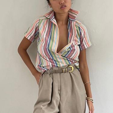 60s awning stripe blouse / vintage cotton candy multi color striped oxford cloth Peter Pan collar blouse | XS S 