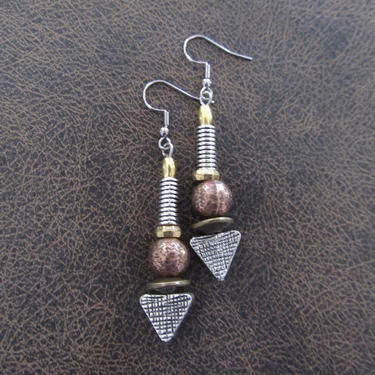 Silver brutalist earrings, mid century modern earrings, mixed metal, rustic boho bohemian earrings, unique artisan earrings, bronze brass 