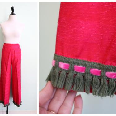 Vintage 1970's Pink Striped Pants with Green Tassel Detail | Size Small 