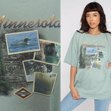 Minnesota Shirt Vintage TShirt 90s Loon Bear Wolf Travel Tshirt 1990s Animal Retro T Shirt Print Green Extra Large xl xxl 2xl 