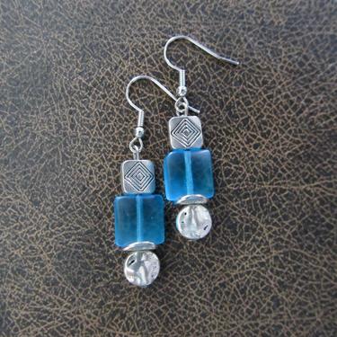 Blue sea glass earrings, boho chic earrings, tribal ethnic earrings, bold earrings, silver earrings, unique artisan earrings, sky blue 
