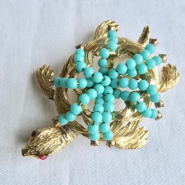 Vintage Turtle Brooch Pin Gold with Turquoise Glass Beads and Rhinestones Mid Century Animal Jewelry Marked Jan 
