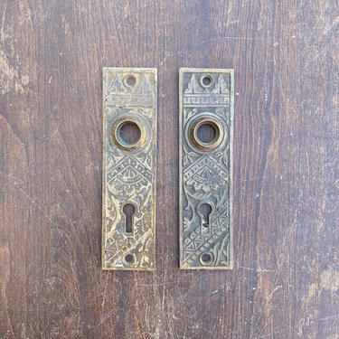 Pair of 1890s Brass Victorian Eastlake Branford Ornate Door Back Plates 