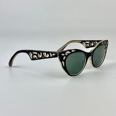 Rare - 1950'S Cat Eye Sunglasses - Black Lucite Frames with Cutout Details - New Smokey Green UV Glass Lenses -  Made in France 
