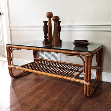 Vintage Franco Albini Style Rattan Coffee Table, two tiered rattan coffee table, bentwood bamboo and rattan table 