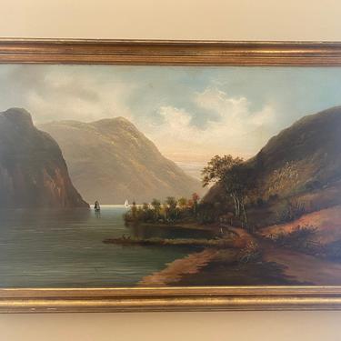 Antique Hudson River School Landscape Oil on Canvas Painting 19th century 