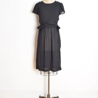 vintage 80s dress sheer black layered flutter tiered midi secretary dress S clothing 