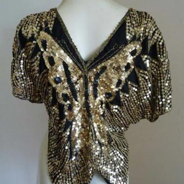 70's Vintage Sequin BUTTERFLY Top gold disco butterfly cape //  70's cocktail party dress top blouse   m l 