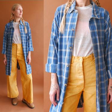 Vintage 80s Plaid Chambray Button Front Dress/ 1980s Blue Farm Style Duster Robe/ Size Large 