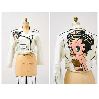 Vintage White Leather Motorcycle Jacket Betty Boop by Maizar Small Medium// 90s 80s White Leather Biker Jacket Betty Boop Comic Cartoon 