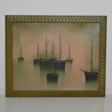 Mid Century Modern Art by Gilbert Bria, Sail Boats, Oil Canvas 