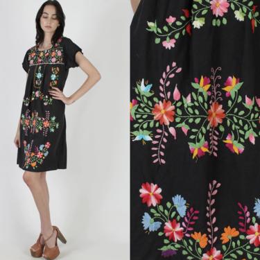 Vintage Mexican Festival Dress Bright Floral Hand Embroidered Black Lounge Mini Dress 