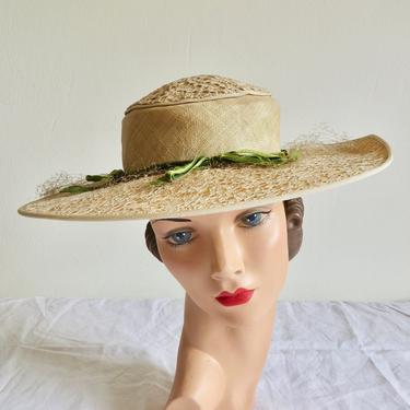 Vintage 1950's Natural Straw Lace Wide Brim Sun Hat with Green Velvet Ribbon Trim Garden Party Adrienne New York 50's Millinery 
