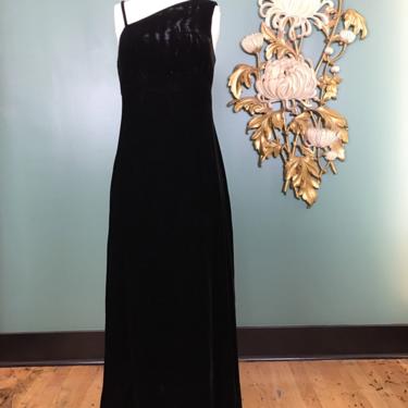 1960s maxi dress, black velvet gown, vintage 60s dress, one shoulder, column dress, size x small, 1960s formal, long sheath, Audrey Hepburn 