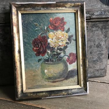 Antique French Oil Painting, Floral Roses in Vase, Still Life, Gilt Gesso Frame, Signed 